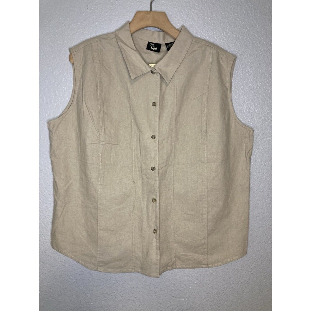VTG Ms Lee Linen Blend Beige Sleeveless Button Women XL Minimalist Beach Coastal